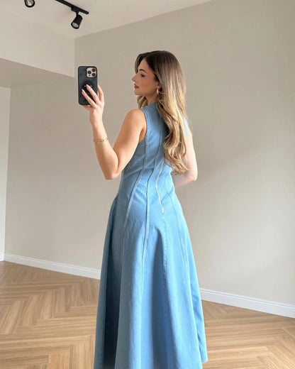 Volanlı Sıfır Kol Denim Elbise - Açık Mavi