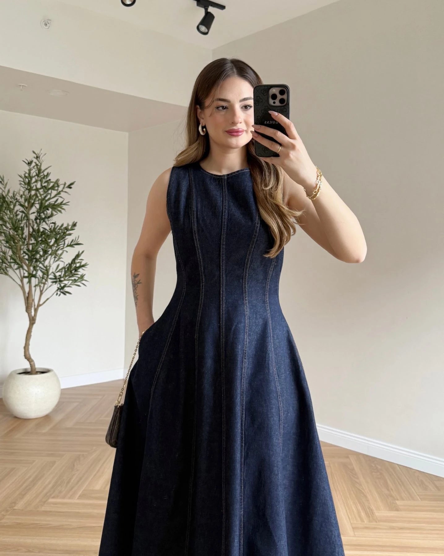 Volanlı Sıfır Kol Denim Elbise - Koyu Mavi