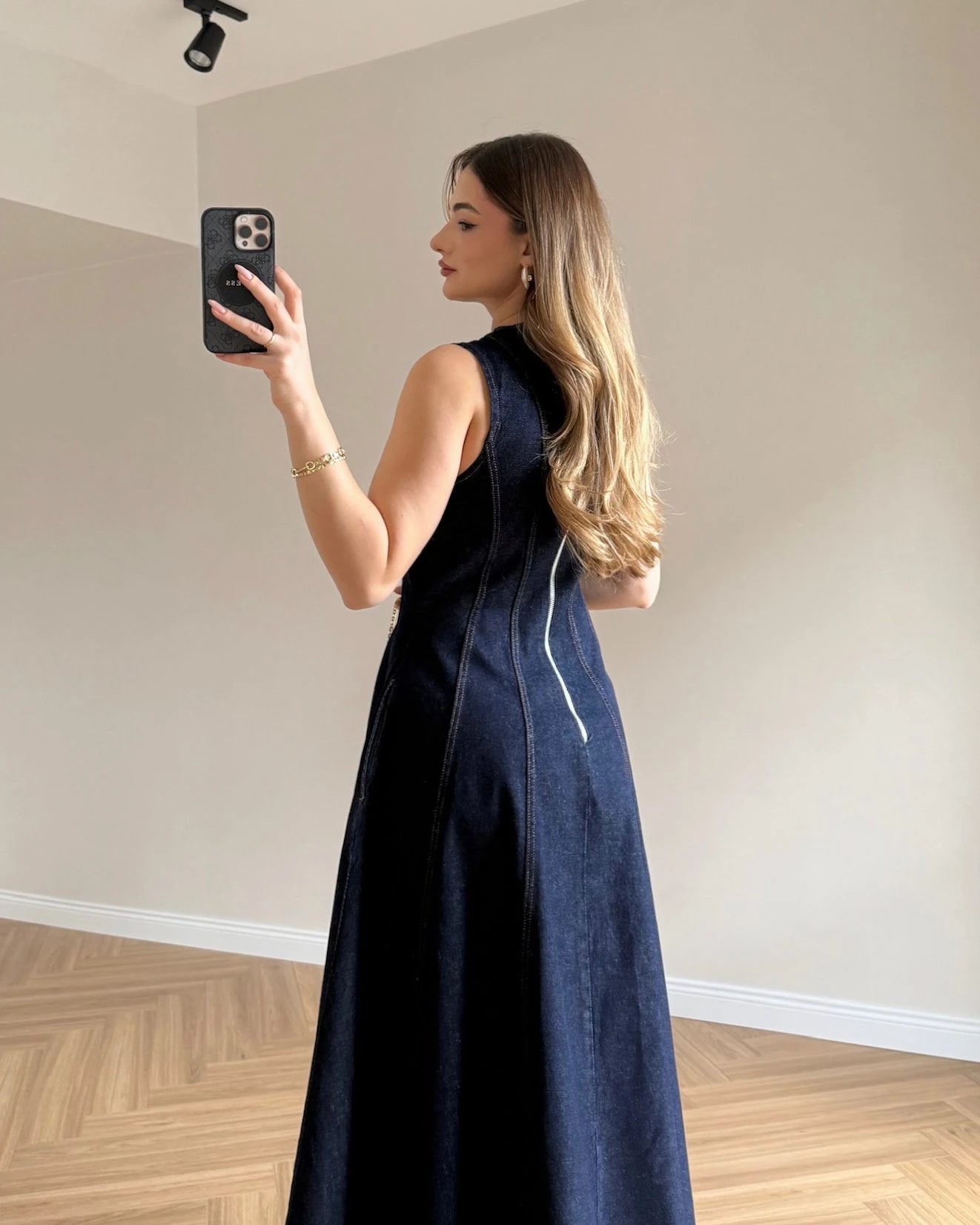 Volanlı Sıfır Kol Denim Elbise - Koyu Mavi