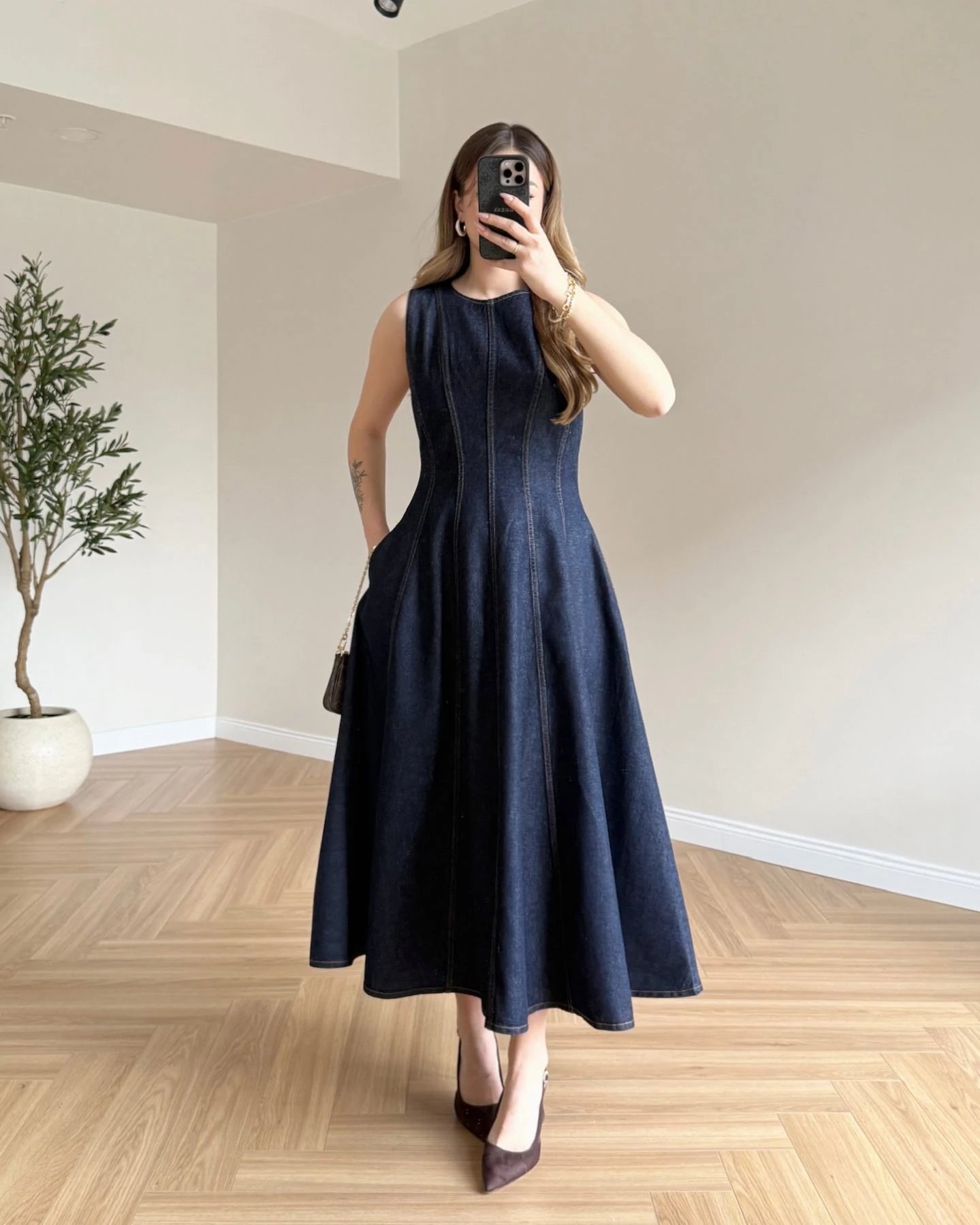 Volanlı Sıfır Kol Denim Elbise - Koyu Mavi