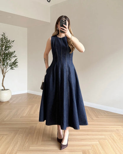 Volanlı Sıfır Kol Denim Elbise - Koyu Mavi