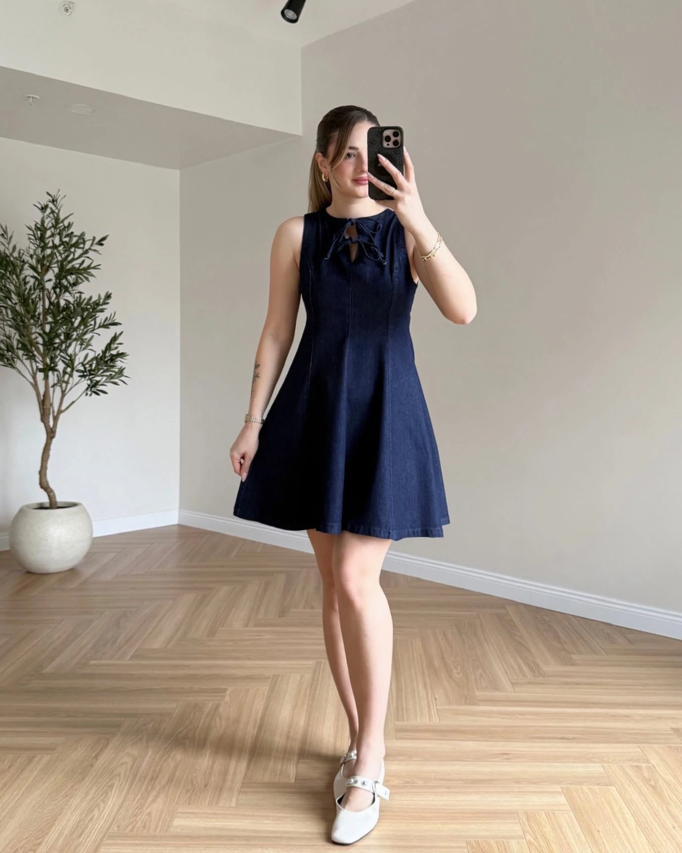 Yaka Bağcıklı Mini Denim Elbise - Lacivert
