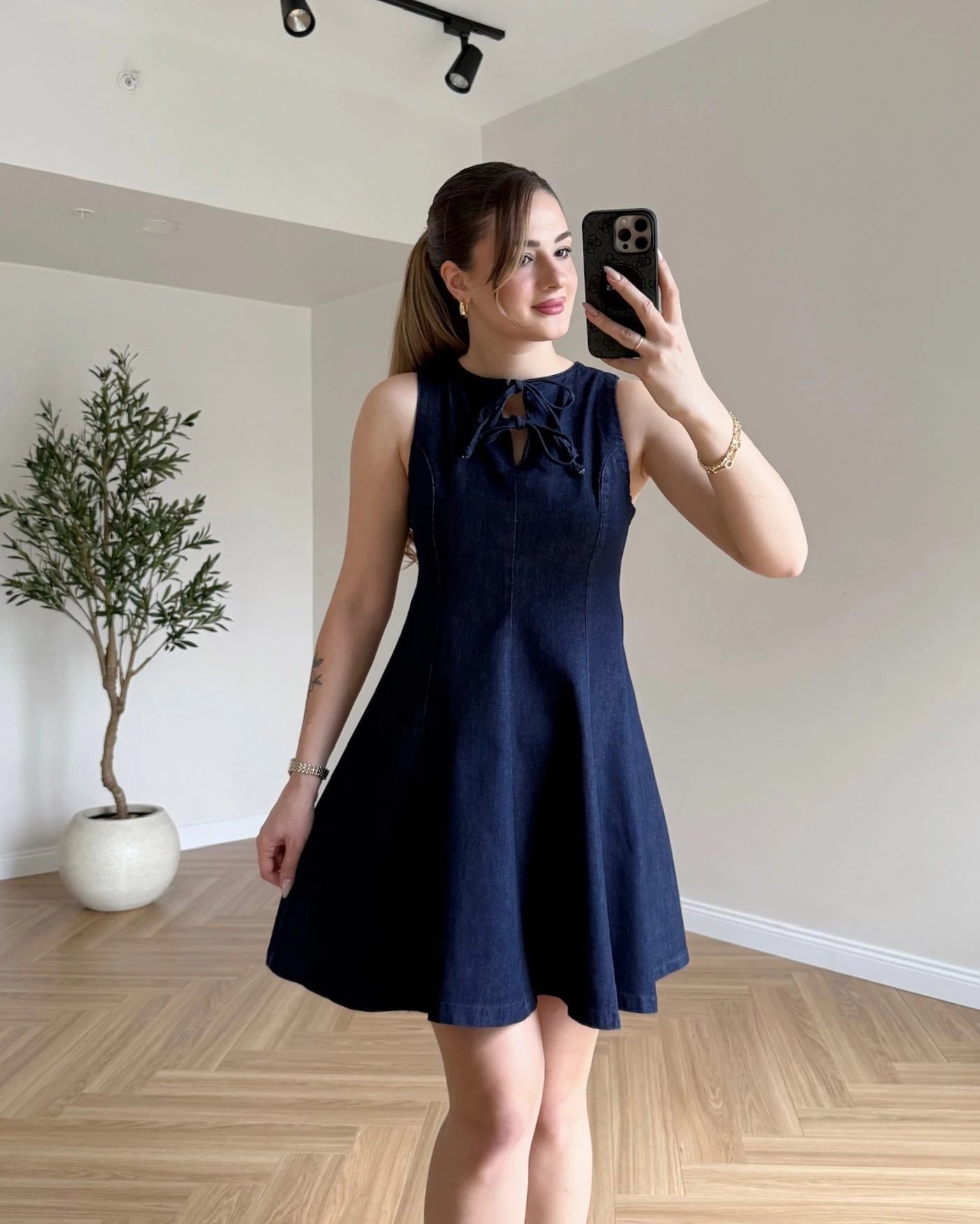 Yaka Bağcıklı Mini Denim Elbise - Lacivert