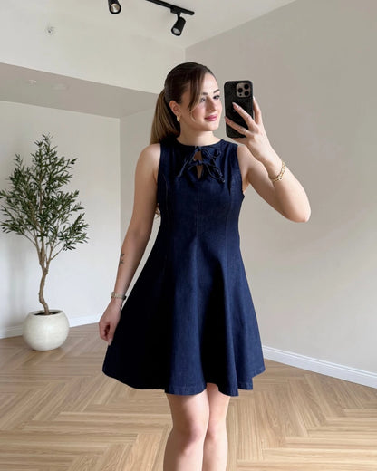 Yaka Bağcıklı Mini Denim Elbise - Lacivert