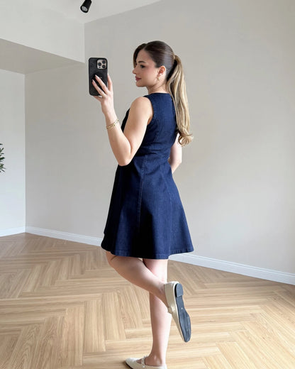 Yaka Bağcıklı Mini Denim Elbise - Lacivert