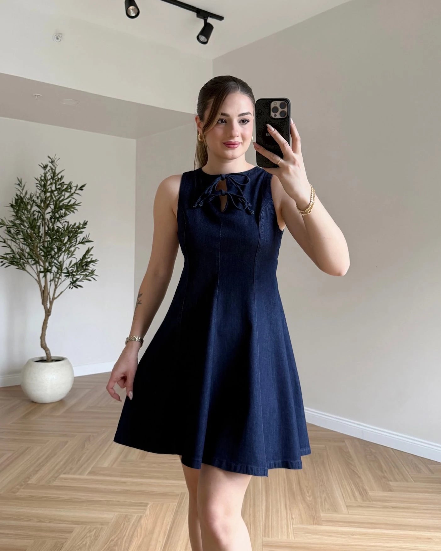 Yaka Bağcıklı Mini Denim Elbise - Lacivert