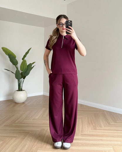 Yaka Fermuarlı Modal Takım - Bordo