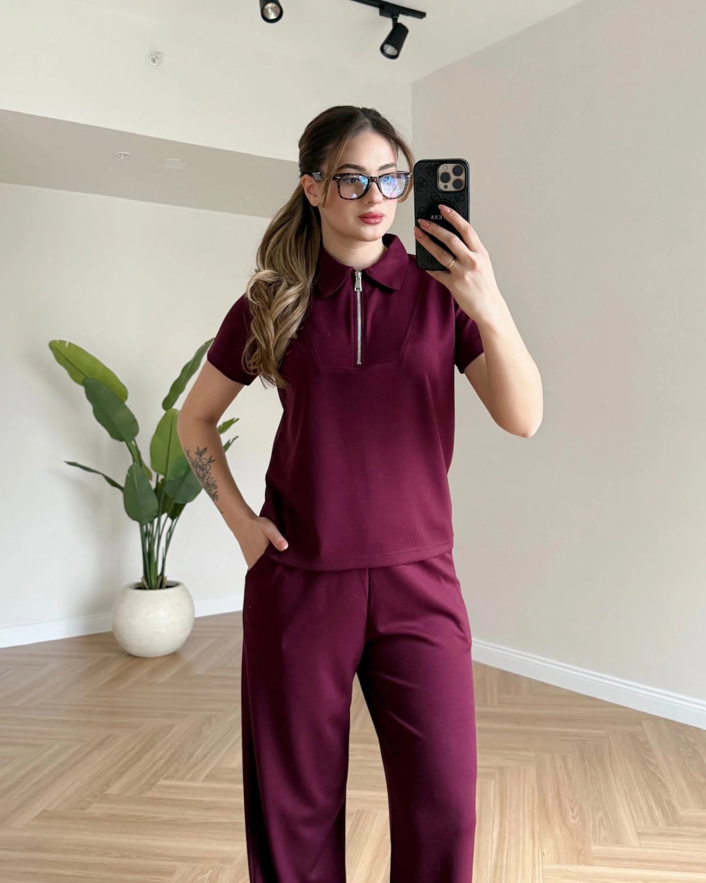 Yaka Fermuarlı Modal Takım - Bordo