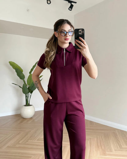 Yaka Fermuarlı Modal Takım - Bordo