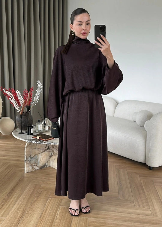Yarasa Kol Saten Elbise ACI KAHVE