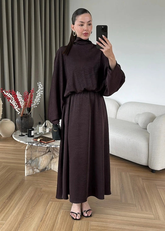 Yarasa Kol Saten Elbise ACI KAHVE
