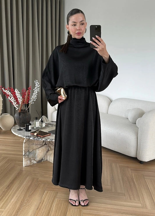 Yarasa Kol Saten Elbise SİYAH