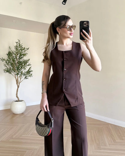 Yelek Pantolon İkili Palazzo Takım - Kahve
